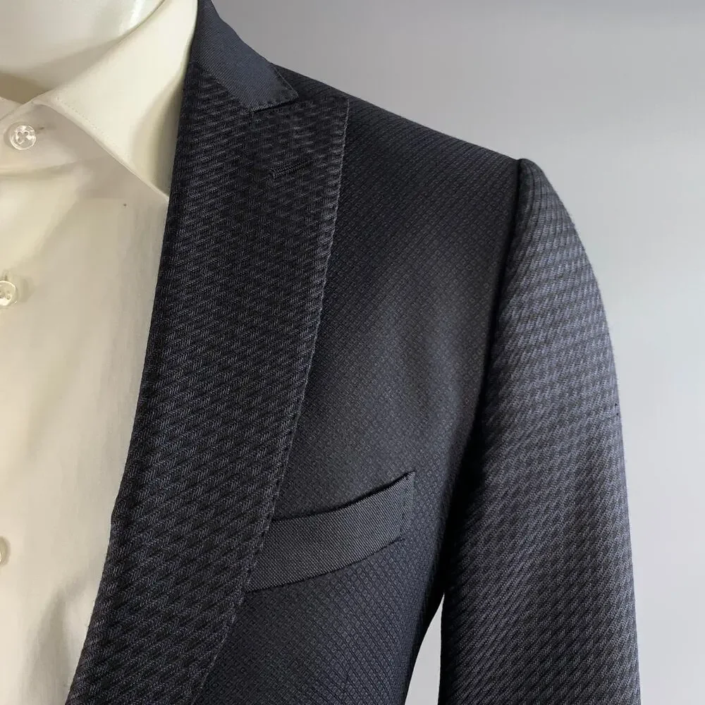 ETRO Chest Size 42 Black Navy Jacquard Wool Silk Peak Lapel Sport Coat